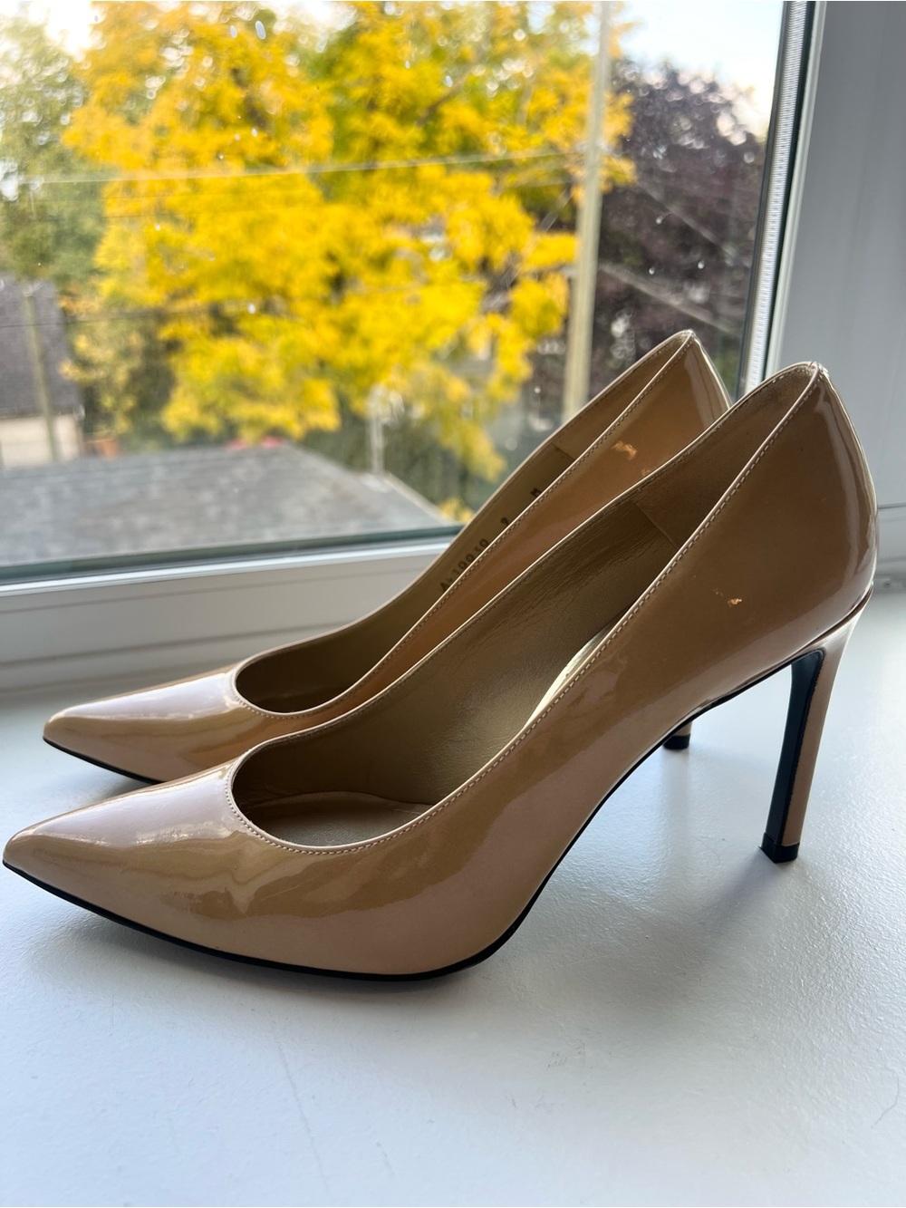 Stuart Weitzman Power 85 Nude Patent Pointed-Toe Pumps
